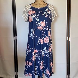 Blue Floral Print Jersey Knit Dress Sz L